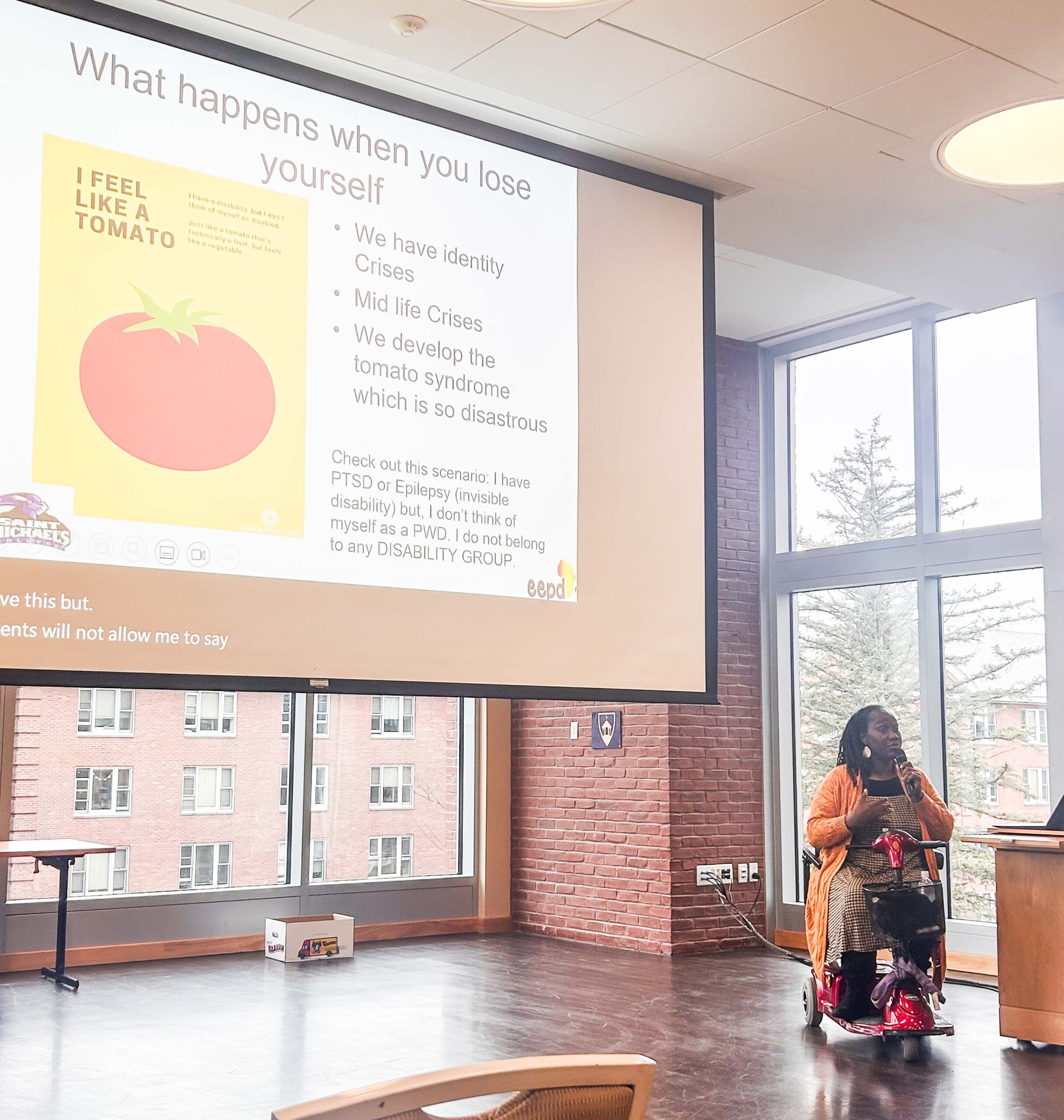 Sefakor G.M.A. Komabu-Pomeyie presents during a DEI Week event sponsored by the Institute for Equity and Justice. (photo by Caitlin Herz '26)