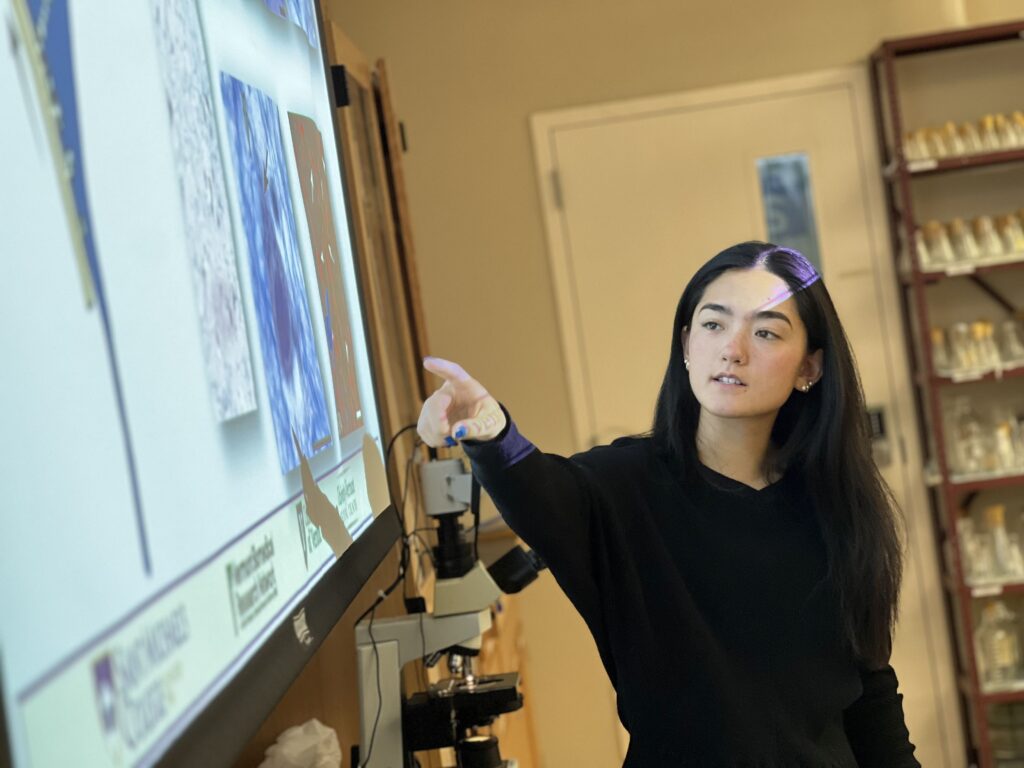 Melanie Winters '25 points to a screen displaying a PowerPoint while presenting on findings related to neurodegeneration research she has been part of. (Photo by April Barton/Saint Michael's College)