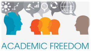 Words "Academic Freedom" at bottom with silhouettes of people' heads and their ideas above.
