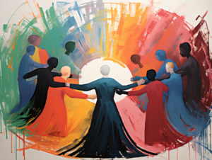 Representation of people moving in a circle in an embracing of each other's diversity.