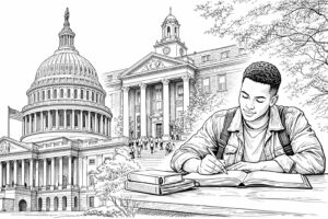 Three images of government, university, and student representing the three claimants of higher education.