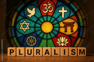 The word "pluralism" is set up in front of the symbols of different religions.