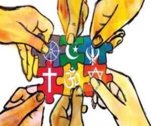 Hands holding pieces of a puzzle in which the pieces represent various religions.