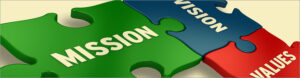 Three puzzle pieces with the words: mission, vision, and value.