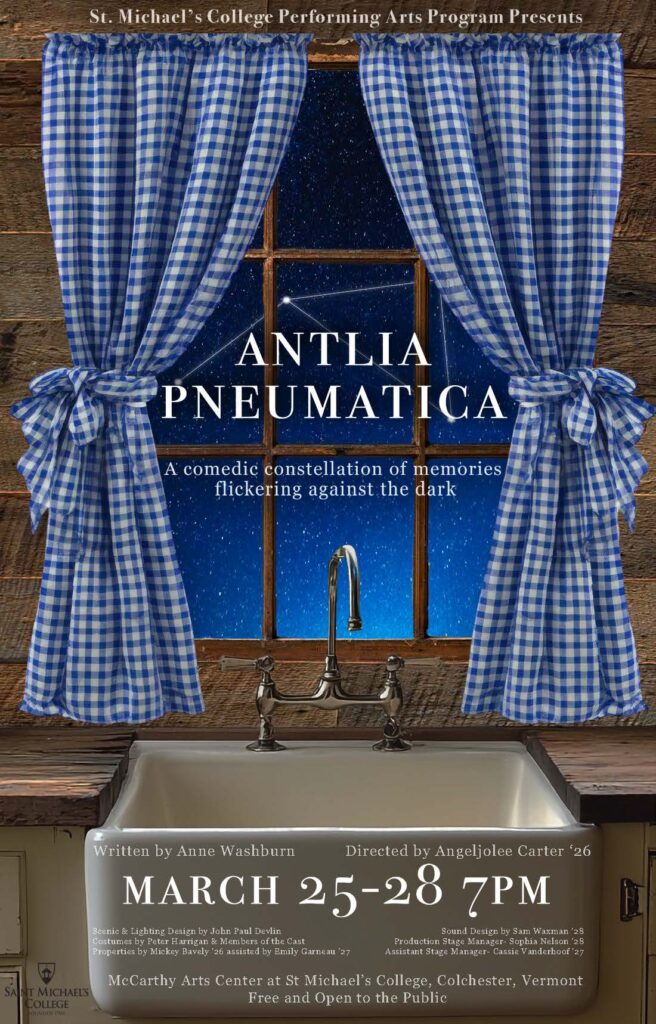 Poster for Antlia Pneumatica, the spring 2026 mainstage play. (Created by Riley Treegoob '26)